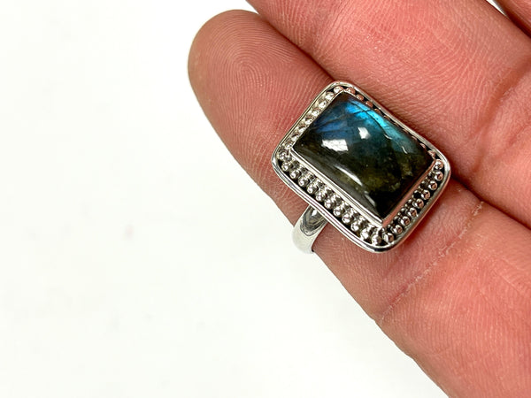 Solid 925 Sterling Silver and Natural AAA+ Quality Labradorite Gemstone Ring, Size 8 Handmade Ring, Boho Style, Healing Energy Gemstone Ring