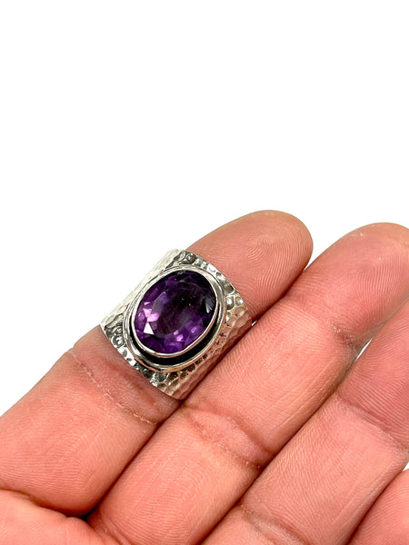 Solid 925 Sterling Silver and Natural AAA+ Amethyst Faceted Gemstone Ring, Size 7 Handmade Ring, Boho Hippie Style, Healing Energy Gemstone