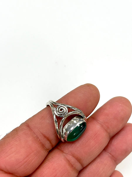 Solid 925 Sterling Silver and Natural AAA+ Green Onyx Gemstone Ring, Size 7 Handmade Ring, Boho Hippie Style, Healing Energy Gemstone