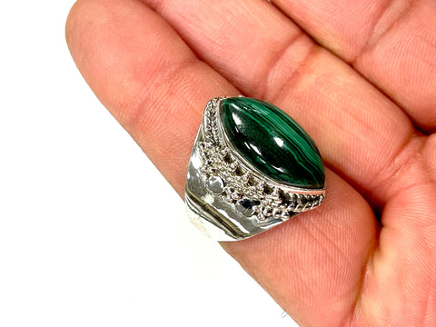 Solid 925 Sterling Silver and  AAA+ Malachite Gemstone Ring, Size 9 Handmade Ring, Boho Hippie Style, Healing Energy Gemstone