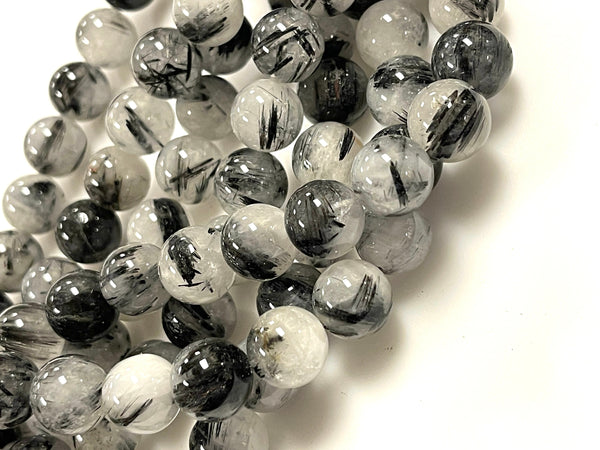 AAA Black Tourmaline Rutilated Rutile Quartz Round Beads 12mm High Quality Black White Quartz Semi Precious Gemstone 15.5" Strand