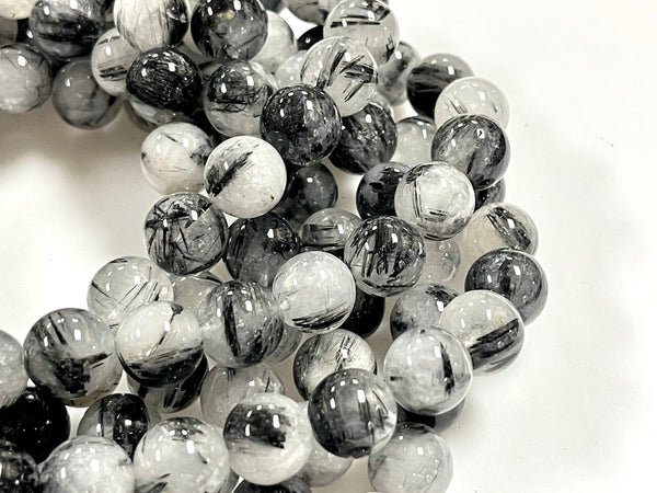 AAA Black Tourmaline Rutilated Rutile Quartz Round Beads 12mm High Quality Black White Quartz Semi Precious Gemstone 15.5" Strand