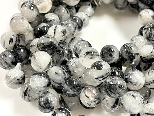 AAA Black Tourmaline Rutilated Rutile Quartz Round Beads 12mm High Quality Black White Quartz Semi Precious Gemstone 15.5" Strand