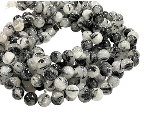 AAA Black Tourmaline Rutilated Rutile Quartz Round Beads 12mm High Quality Black White Quartz Semi Precious Gemstone 15.5" Strand