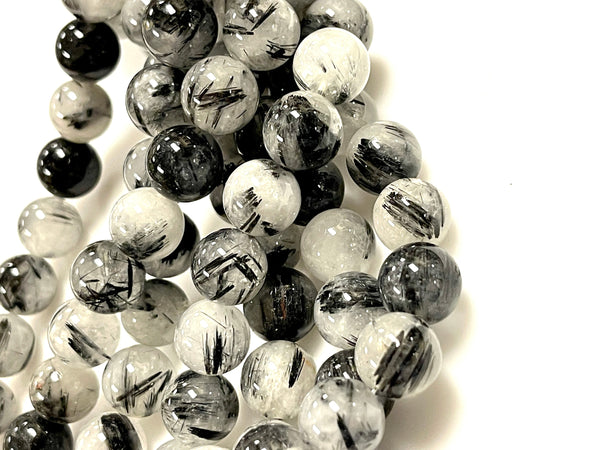 AAA Black Tourmaline Rutilated Rutile Quartz Round Beads 12mm High Quality Black White Quartz Semi Precious Gemstone 15.5" Strand