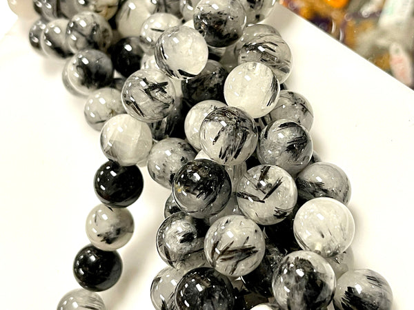 AAA Black Tourmaline Rutilated Rutile Quartz Round Beads 12mm High Quality Black White Quartz Semi Precious Gemstone 15.5" Strand