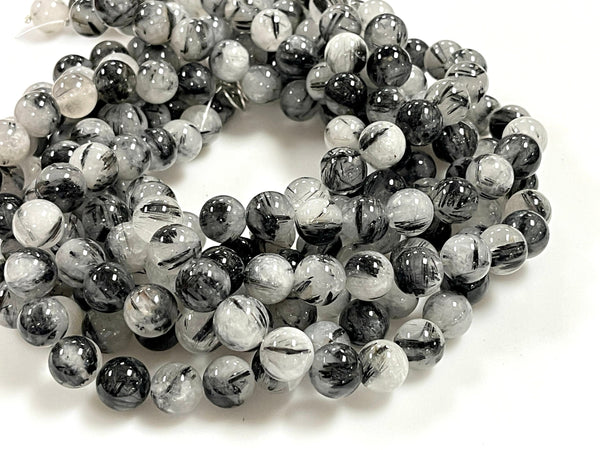 AAA Black Tourmaline Rutilated Rutile Quartz Round Beads 12mm High Quality Black White Quartz Semi Precious Gemstone 15.5" Strand