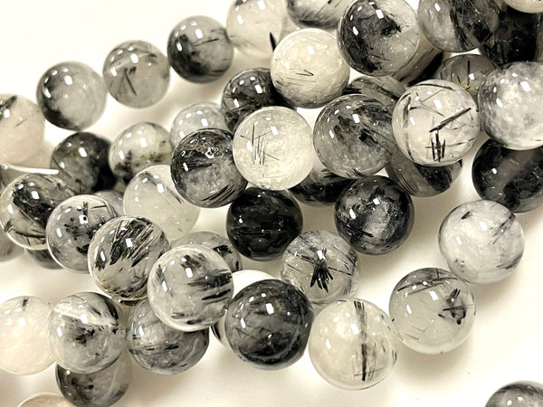 AAA Black Tourmaline Rutilated Rutile Quartz Round Beads 12mm High Quality Black White Quartz Semi Precious Gemstone 15.5" Strand