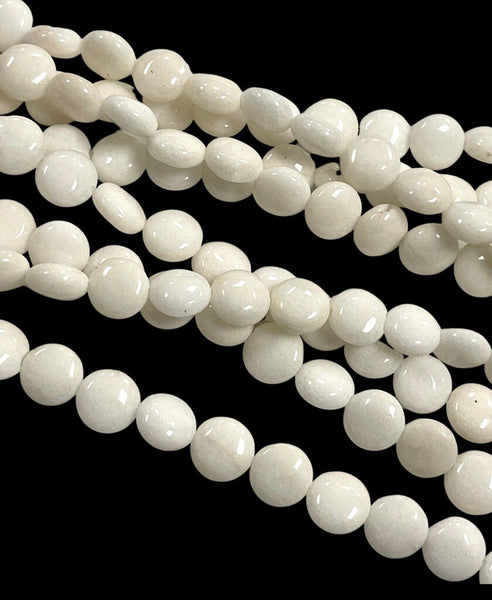 Natural White Jade Gemstone Coin Beads  10mm - Full 15.5 Inch Long Strand White Coin Gemstone Beads