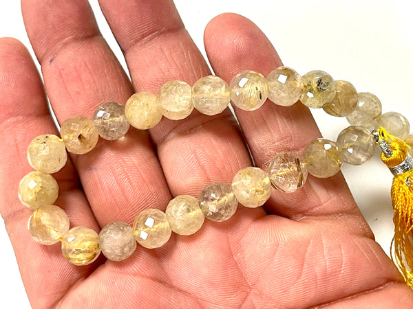 Golden Rutilated Quartz AAA Natural Gemstone Faceted Beads Strand, Rutile Beads Size 8mm Healing Energy Gemstone Beads For Jewelry Making