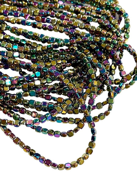 Metallic Rainbow Color Hematite Natural Gemstone Cube Square Shape Beads 3mm Full 15.5" Strand For Healing Energy Jewelry Making Supplies