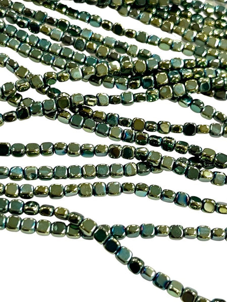 Metallic Green Color Hematite Natural Gemstone Cube Square Shape Beads 3mm Full 15.5" Strand For Healing Energy Jewelry Making Supplies