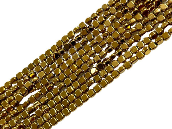 Metallic Gold Color Hematite Natural Gemstone Cube Square Shape Beads 3mm Full 15.5" Strand For Healing Energy Jewelry Making Supplies