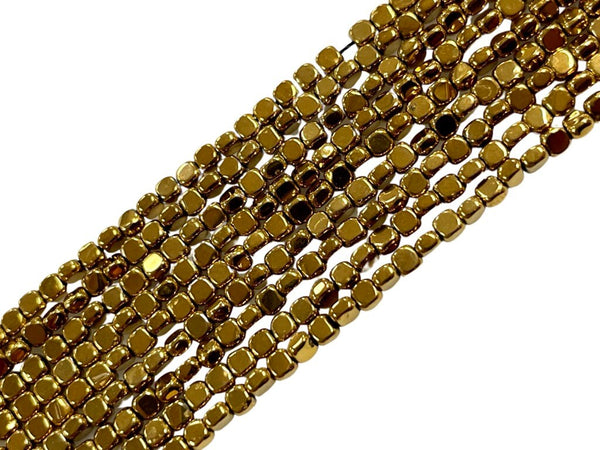Metallic Gold Color Hematite Natural Gemstone Cube Square Shape Beads 3mm Full 15.5" Strand For Healing Energy Jewelry Making Supplies