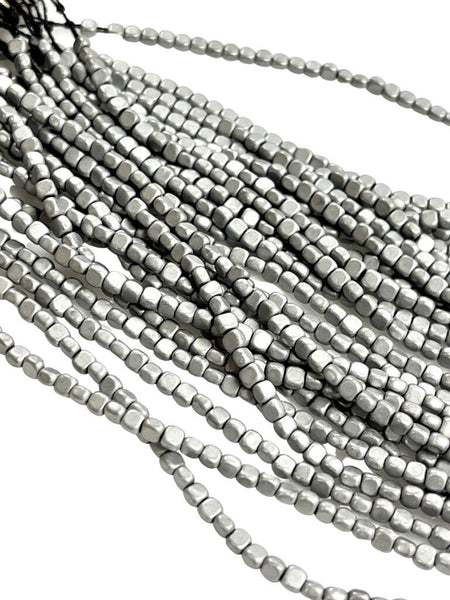 Metallic Silver Color Hematite Natural Gemstone Matte Frosted Finish Cube Square Shape Beads 3mm Full 15.5" Strand For Jewelry Making