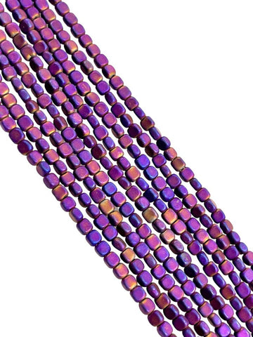 Metallic Purple Color Hematite Natural Gemstone Matte Frosted Finish Cube Square Shape Beads 3mm Full 15.5" Strand For Jewelry Making