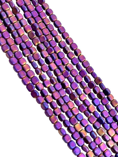 Metallic Purple Color Hematite Natural Gemstone Matte Frosted Finish Cube Square Shape Beads 3mm Full 15.5" Strand For Jewelry Making