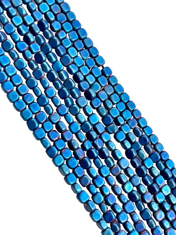 Metallic Blue Color Hematite Natural Gemstone Matte Frosted Finish Cube Square Shape Beads 3mm Full 15.5" Strand For Jewelry Making
