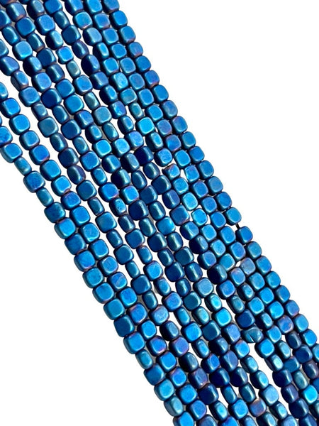 Metallic Blue Color Hematite Natural Gemstone Matte Frosted Finish Cube Square Shape Beads 3mm Full 15.5" Strand For Jewelry Making