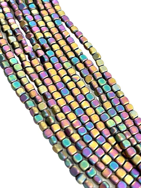 Metallic Rainbow Color Hematite Natural Gemstone Matte Frosted Finish Cube Square Shape Beads 3mm Full 15.5" Strand For Jewelry Making