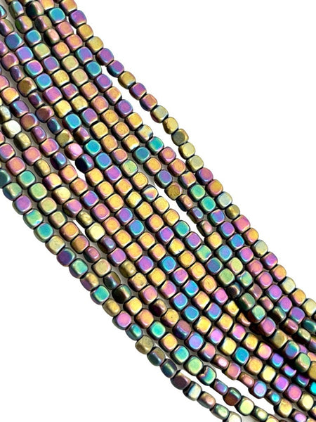 Metallic Rainbow Color Hematite Natural Gemstone Matte Frosted Finish Cube Square Shape Beads 3mm Full 15.5" Strand For Jewelry Making