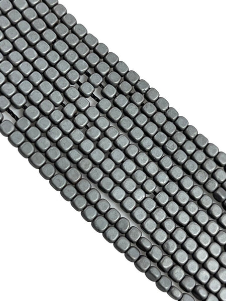 Metallic Dark Grey Color Hematite Natural Gemstone Matte Frosted Finish Cube Square Shape Beads 3mm Full 15.5" Strand For Jewelry Making