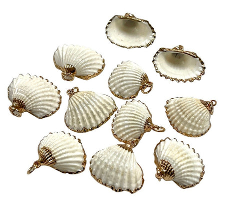 2 Pieces Cowrie Seashell Charm, 2 Pc Gold Plated Seashells, Scallop Beach Shell Ocean Charms For Jewelry Making Bracelets Earrings, Necklace