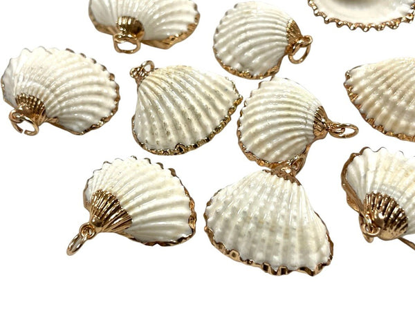 2 Pieces Cowrie Seashell Charm, 2 Pc Gold Plated Seashells, Scallop Beach Shell Ocean Charms For Jewelry Making Bracelets Earrings, Necklace