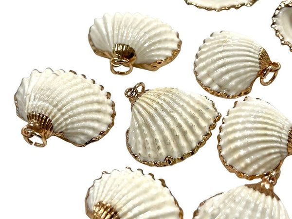 2 Pieces Cowrie Seashell Charm, 2 Pc Gold Plated Seashells, Scallop Beach Shell Ocean Charms For Jewelry Making Bracelets Earrings, Necklace