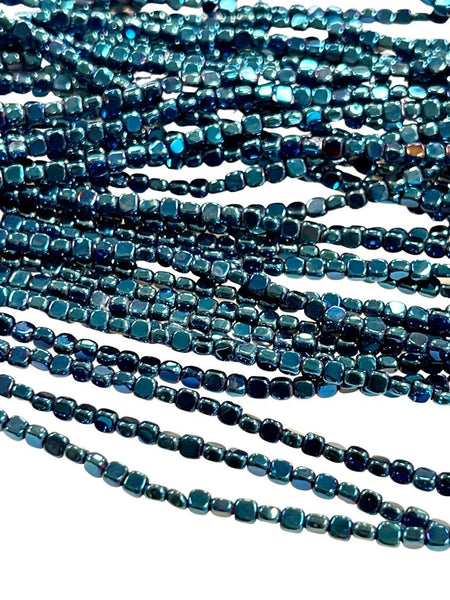 Metallic Blue Color Hematite Natural Gemstone Cube Square Shape Beads 3mm Full 15.5" Strand For Healing Energy Jewelry Making Supplies