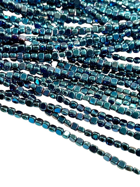 Metallic Blue Color Hematite Natural Gemstone Cube Square Shape Beads 3mm Full 15.5" Strand For Healing Energy Jewelry Making Supplies