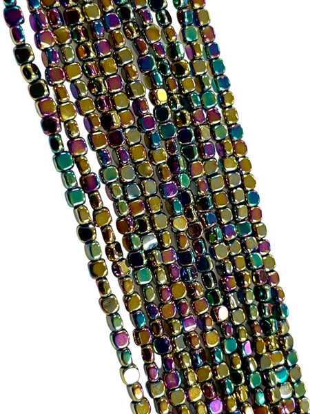 Metallic Rainbow Color Hematite Natural Gemstone Cube Square Shape Beads 3mm Full 15.5" Strand For Healing Energy Jewelry Making Supplies
