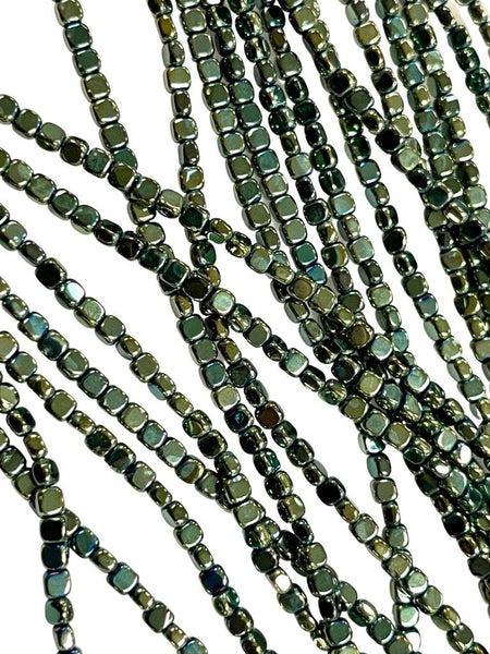 Metallic Green Color Hematite Natural Gemstone Cube Square Shape Beads 3mm Full 15.5" Strand For Healing Energy Jewelry Making Supplies