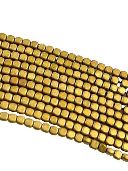 Metallic Gold Color Hematite Natural Gemstone Matte Frosted Finish Cube Square Shape Beads 3mm Full 15.5" Strand For Jewelry Making