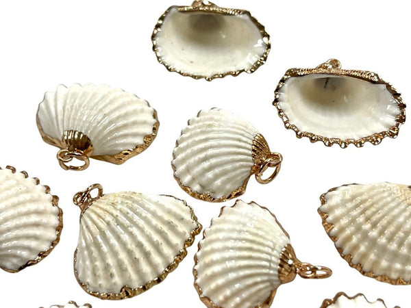 2 Pieces Cowrie Seashell Charm, 2 Pc Gold Plated Seashells, Scallop Beach Shell Ocean Charms For Jewelry Making Bracelets Earrings, Necklace