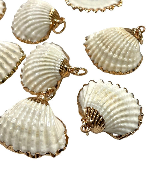 2 Pieces Cowrie Seashell Charm, 2 Pc Gold Plated Seashells, Scallop Beach Shell Ocean Charms For Jewelry Making Bracelets Earrings, Necklace