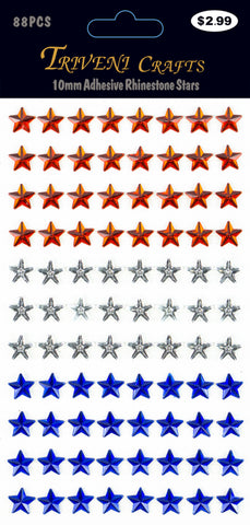 Rhinestone Star Stickers - 10mm - Clear/Red/Blue